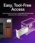 NR200P V2 Mini ITX PC Case Built For SFX PSU 280mm AIO Ready 357mm Vertical GPU Mount Tempered Glass DIY Friendly Nvidia RTX 5090 And AMD RX 9070 XT Build showing tool-free GPU access illustration.
