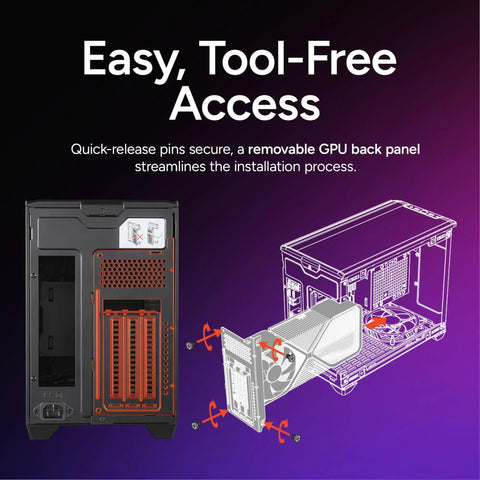 NR200P V2 Mini ITX PC Case Built For SFX PSU 280mm AIO Ready 357mm Vertical GPU Mount Tempered Glass DIY Friendly Nvidia RTX 5090 And AMD RX 9070 XT Build showing tool-free GPU access illustration.