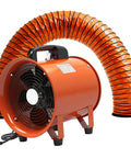 Upgraded 10 Inch Utility Blower Fan With 33 Foot Flexible Duct Hose shown in orange and black for industrial use