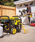 Tri Fuel Portable Generator With Electric Start And CO Shield, Runs On Gas Propane Or Natural Gas, in use at job site