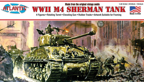 M4 Sherman World War Two Tank Plastic Model Kit One Forty Eight Scale illustration with olive drab and rubber tracks