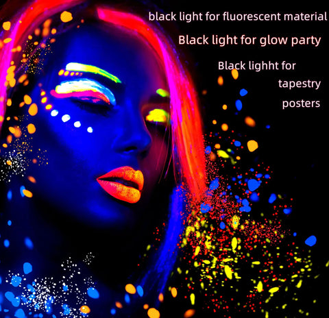 Person with neon body paint lit by UV blacklight bar, illustrating use of 1ft 10W UV Blacklight Bar Two Pack For Fluorescent Art Tapestries Posters And Body Paint Glow Up Party Lights For Cabinets And Displays Magnetic Mounting With Under Cabinet And Wall Install Options.