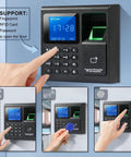 No Sweat Fingerprint Time Attendance System Bundled With Rock Solid 400lb Magnetic Lock Entry Kit shows biometric controls and user interface.