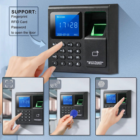 No Sweat Fingerprint Time Attendance System Bundled With Rock Solid 400lb Magnetic Lock Entry Kit shows biometric controls and user interface.
