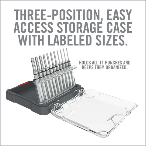 Accu Punch 11 Piece Roll Pin Punch Set With Nickel Plated Steel Punches in 3-position storage case for easy access in the workshop