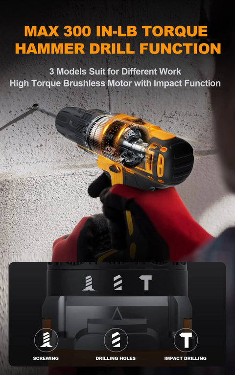 Person using 20V Cordless Drill Set With 300 Inch Pound Torque on concrete wall, showing impact function illustration.