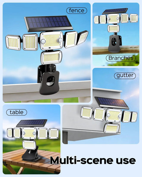 Solar Flood Lights Outdoor 6000LM 336 LEDs Dual Clip Motion Sensor Lights attached to fence, branch, gutter, and table.