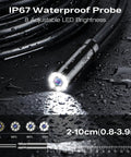 Close-up of Boss HD Endoscope Camera With Light 1920P Borescope IP67 waterproof probe with 8 adjustable LEDs on wet surface.