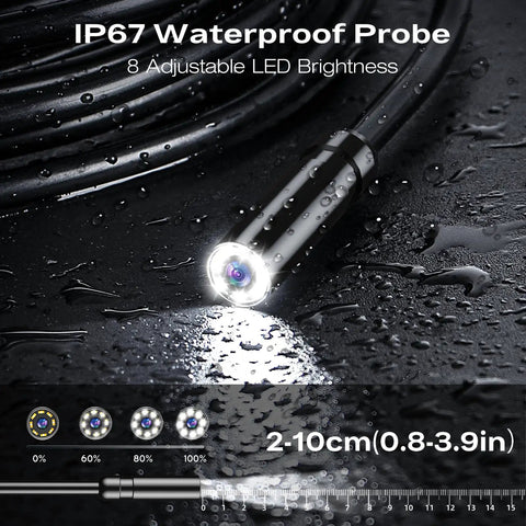 Close-up of Boss HD Endoscope Camera With Light 1920P Borescope IP67 waterproof probe with 8 adjustable LEDs on wet surface.