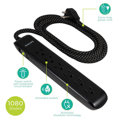 Six-Outlet Surge Protector Power Strip With 10-Foot Braided Cord And Flat Plug, 1080 Joules, ETL Listed, Perfect For Office Or Home Decor.
