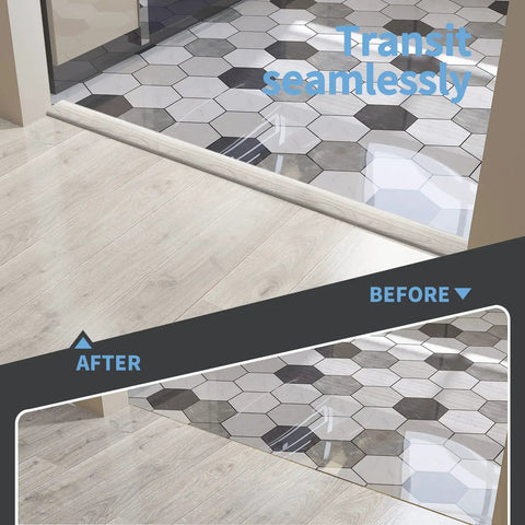 Self Adhesive Vinyl Floor Transition Strip For Laminate And Tile Floors A Flat Divider To Join Gaps And Create A Clean Carpet Threshold Look White Washed Four Feet Long One Point Five Seven Inch Wide Scratch Dirt Resistant Easy Peel And Stick.