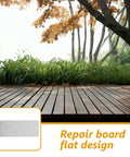 Outdoor scene with wooden deck, trees, and inset of Stainless Steel Flat Straight Corner Braces Five Pack With Multiple Openings Easy Install.