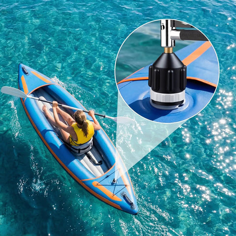 Inflatable Boat and Stand Up Paddle Board Pump Adapter Duo for Fast Inflation and Deflation on kayak valve, top view.