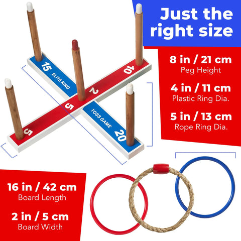 Ring Toss Outdoor Yard Game For The Fam And Kids, Wooden base with pegs, size details, 5 Rope Rings, Classic Backyard Party Toy
