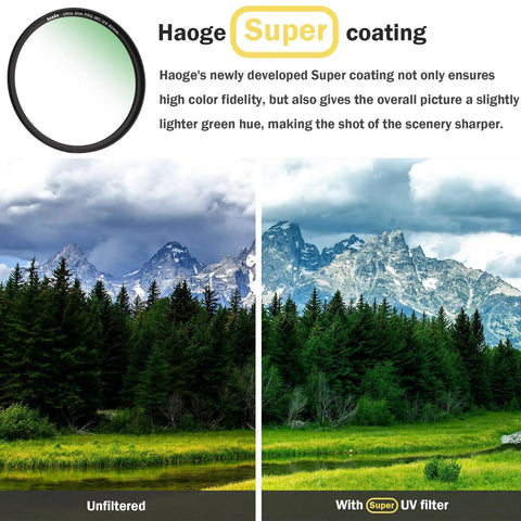 Comparison of unfiltered vs. with Super UV filter showcasing sharper scenery using Ultra Slim 49mm UV Filter With Multicoated Water Repellent Nano Coatings