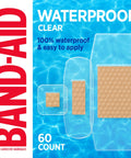 Band-Aid Brand clear waterproof adhesive bandages packaging, assorted sizes, 60-count.