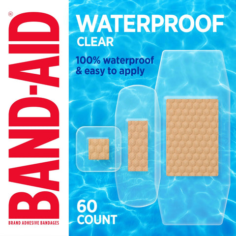 Band-Aid Brand clear waterproof adhesive bandages packaging, assorted sizes, 60-count.