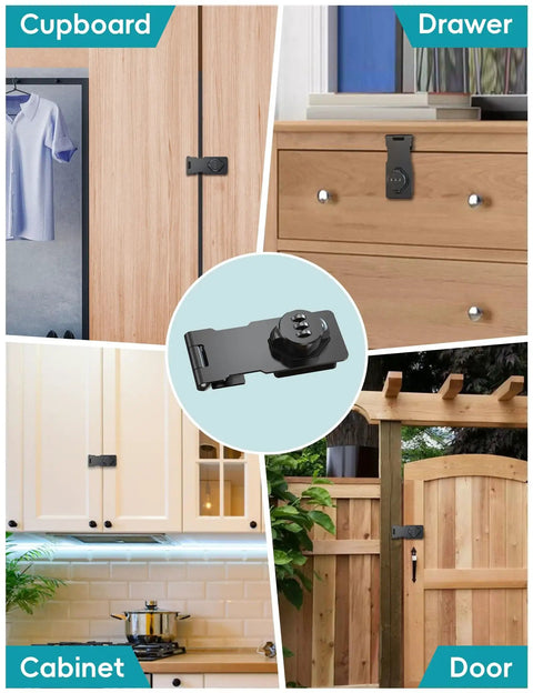 Keyless Hasp Lock For Cabinets And Small Doors, 1000 Combo Password Lock For Barn, Shed, Garage, Outdoor, Garden, And Bathroom Use, No Key Hassle, Heavy Duty Metal Construction, Easy Install, Black Finish installed on various surfaces.