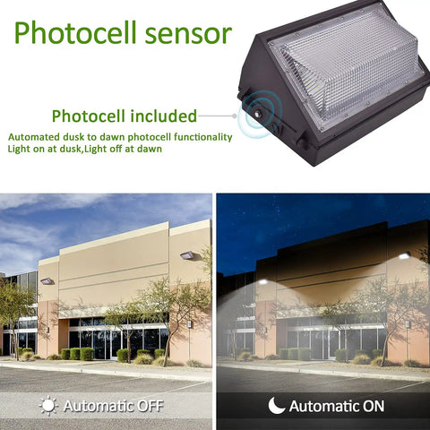 Photocell sensor feature on Beefy 120W LED Wall Pack Flood Light With Dusk To Dawn Photocell, 5000K Daylight, building lighting demo