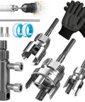 8 Piece Pvc Pipe Threading Kit With Broken Bolt Extractor Gloves includes carbon heads, gloves, and various drill attachments for repairs.