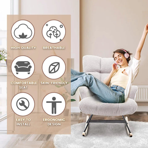 Nursery Rocking Chair With Grey Teddy Upholstery Glider And Padded Seat High Backrest Armchair in living room with woman