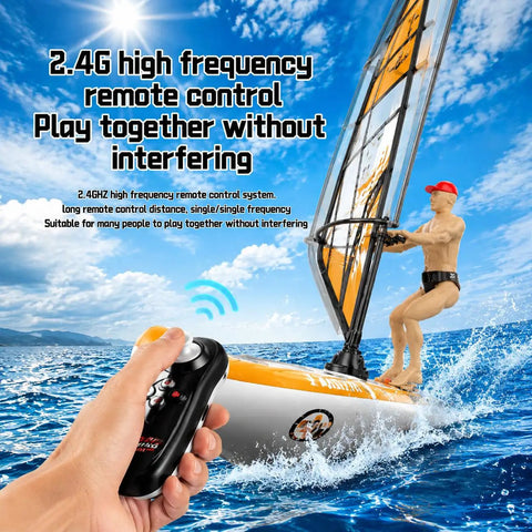 Pro RC Boat For Adults With 2.4G Pro Control, LED Lights, Never Flip Hull in action with remote on open water.