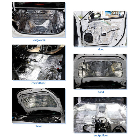 Heavy Duty Heat Sound Deadening Insulation Mat For Car Fiberglass Heatproof Pad installed in various car areas like hood, doors, and cargo