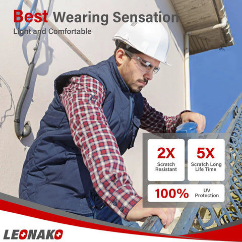 Man wearing clear safety glasses for men bulk pack of 24 with polycarbonate lenses ANSI Z87.1 on ladder, construction setting