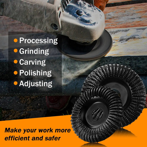 Go-To 4.5 Inch Wood Carving Disc With 7/8 Inch Arbor For Angle Grinder shown in use with processing features listed