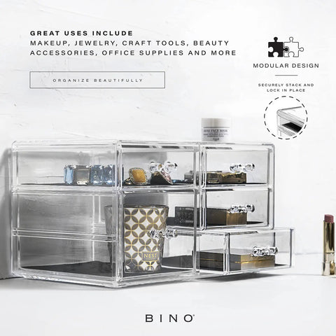 Front view of Dope 5 Drawer Makeup Organizer For Vanity Storage Clear Acrylic With Stackable Modular Drawers holding cosmetics.