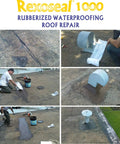 Kickass Rubberized Waterproofing Sealant For Foundations And Flat Low Slope Roofs Concrete Wood Metal Black Five Gallon Multi Purpose Coating applied on flat roof repairs with tools and materials shown.