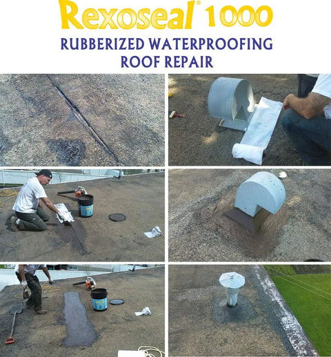 Kickass Rubberized Waterproofing Sealant For Foundations And Flat Low Slope Roofs Concrete Wood Metal Black Five Gallon Multi Purpose Coating applied on flat roof repairs with tools and materials shown.