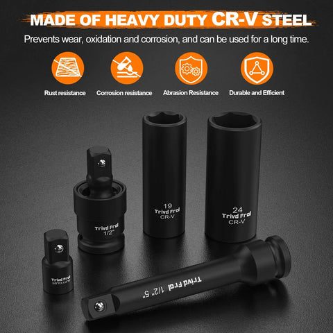 Impact Socket Set 1/2 Inch Drive, 65-Piece Kit With Deep And Shallow Metric And SAE Sockets, CR-V Steel for Durability