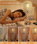 Crystal Bedside Lamp With Touch Control In Silver, 3-Way Dimmable Glam Table Light showing brightness settings next to sleeping woman.