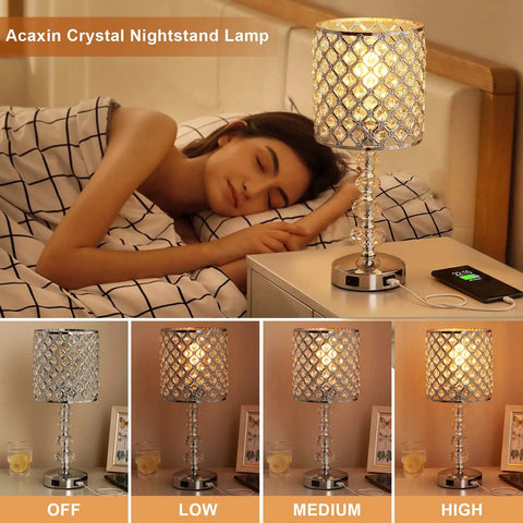 Crystal Bedside Lamp With Touch Control In Silver, 3-Way Dimmable Glam Table Light showing brightness settings next to sleeping woman.