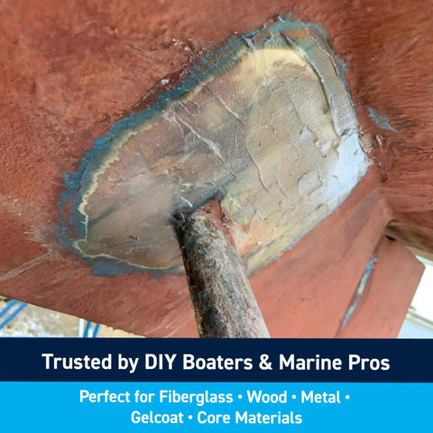 Fiberglass Reinforced Polyester Structural Repair Putty Quart Kit applied patch on boat hull surface
