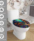 Elongated Decorative Resin Toilet Seat for Bathroom on a white toilet with colorful stained glass design, suitable for most bathrooms.