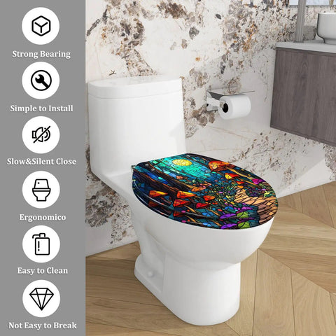 Elongated Decorative Resin Toilet Seat for Bathroom on a white toilet with colorful stained glass design, suitable for most bathrooms.