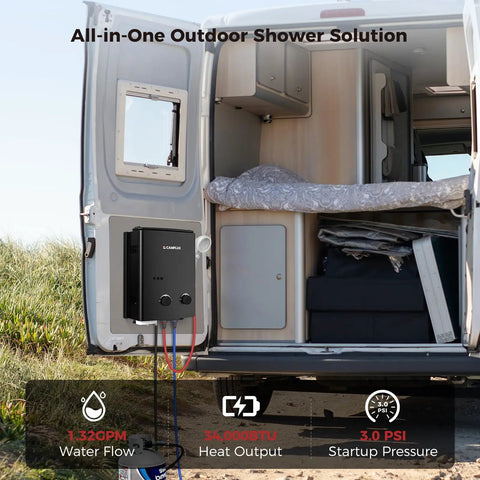 Portable Outdoor Propane Tankless Water Heater 1.32 GPM 5L On Demand Hot Water For Showers Black AY132B mounted on van door