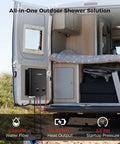 Outdoor Propane Tankless Water Heater 5L with 1.32 GPM On Demand Hot Water Adjustable Temp and Flow Portable Shower System for Camping RV Tailgating AY132B Black mounted on a camper van in grassy field