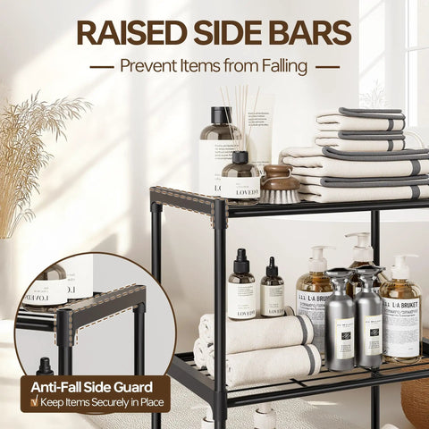 Kick Dust Bunnies Out The Door With This Solid 3 Tier Metal Storage Shelf featuring raised side bars for secure organization.