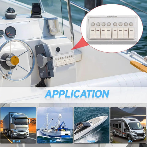 8 Gang Marine Rocker Switch Panel With Overload Protector For Boat Car RV UTV Built Tough From Aluminum IP65 Weatherproof shown in boat and vehicle applications