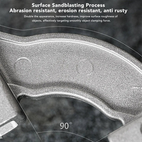 Close-up of Built Tough Adjustable Right Angle Corner Clamp surface texture, 90 degree demonstration, aluminum alloy material.