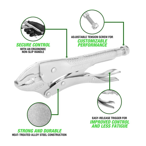 Seven Piece Locking Pliers Set With Curved Jaw And Needle Nose Vise Grips For Every Grip And Clamp Job, showcasing ergonomic features.