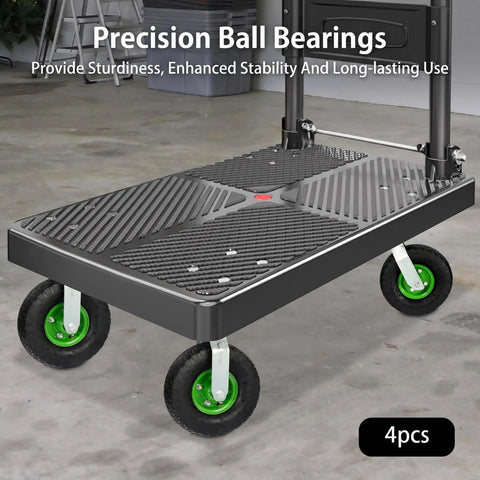 Four Black 10 Inch Pneumatic Caster Wheels With Heavy Duty Rubber Treads And 661 Lb Load Rating For Smooth Ridin Hand Trucks And Shop Machinery Haulin That Handles Heavy Workloads Without Breaking A Sweat on a sturdy cart.