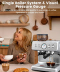 Top Shelf Espresso Machine With Built In Grinder And Creamy Milk Frother, Stainless Steel Coffee Maker For Dope Morning Shots, Semi Automatic Home Barista Setup With Quick Dump Tank showing single boiler with pressure gauge.