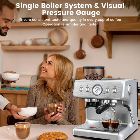 Top Shelf Espresso Machine With Built In Grinder And Creamy Milk Frother, Stainless Steel Coffee Maker For Dope Morning Shots, Semi Automatic Home Barista Setup With Quick Dump Tank showing single boiler with pressure gauge.