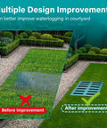 Comparison of lawn with and without Heavy Duty Drain Catch Basin With Debris Basket And Fiberglass Grate For Yard Lawn Patio Gutter Downspout Outdoor Drainage Box Tough As Nails For Municipal Or Residential Plumbing installation.