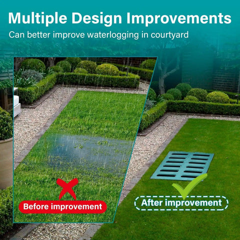Comparison of lawn with and without Heavy Duty Drain Catch Basin With Debris Basket And Fiberglass Grate For Yard Lawn Patio Gutter Downspout Outdoor Drainage Box Tough As Nails For Municipal Or Residential Plumbing installation.