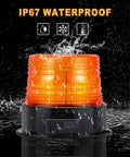 Amber magnetic cordless beacon light mounted on a black base; IP67 waterproof with water spray.